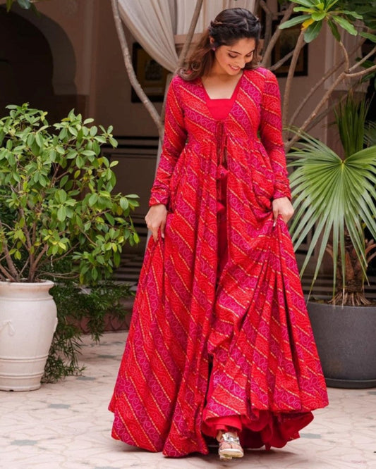 Elegant Printed Rani Pink Shrug Style Indo Western Gown For Women