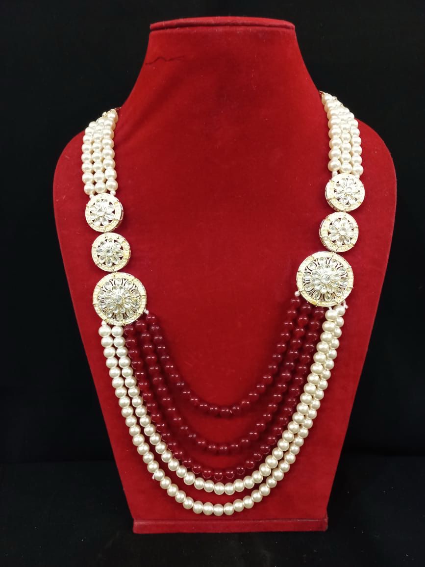 Fantastic Five Layered Designer Red And White Color Pearl Beaded Mala For Men
