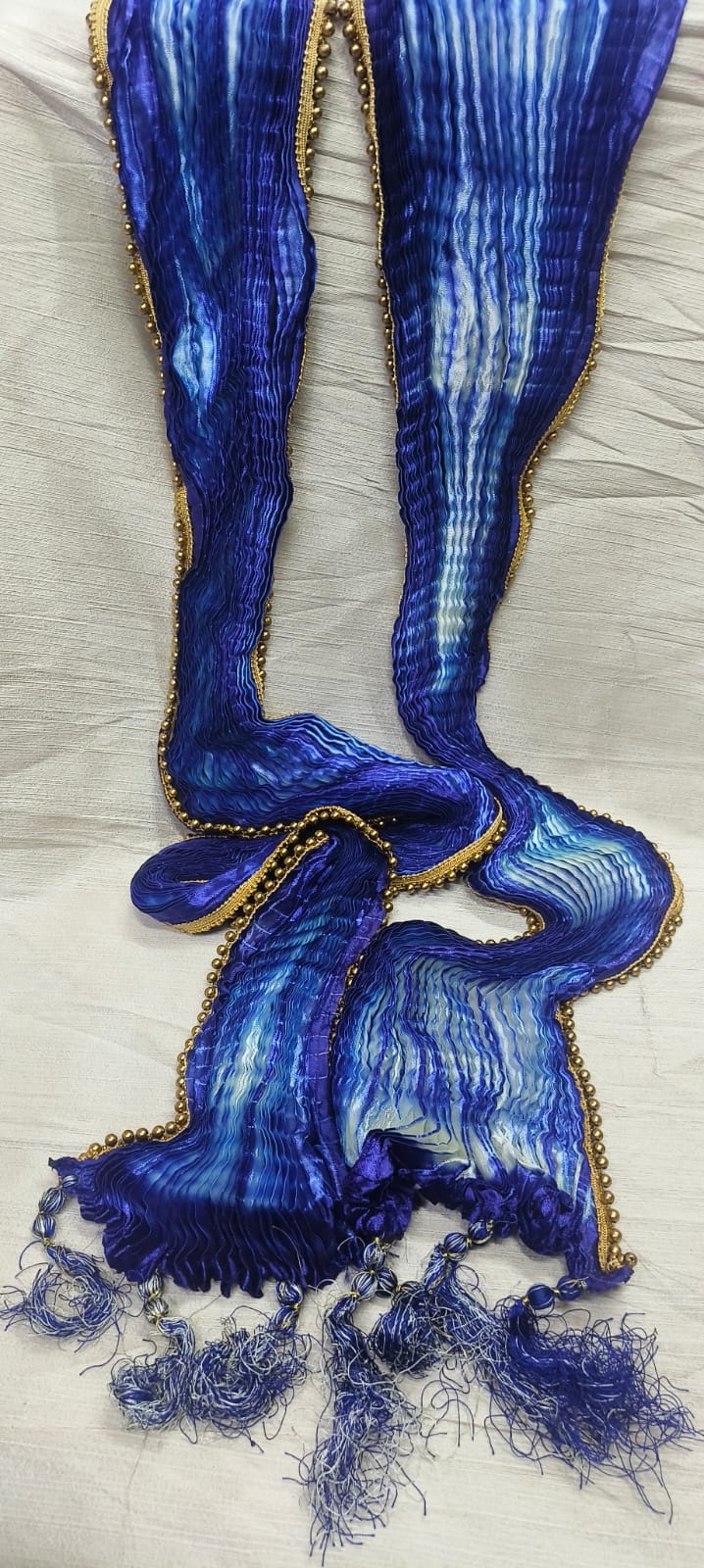 Alluring Royal Blue Color Poly Blend Fabric With Golden Lace Border Work Stole For Men