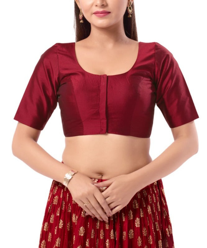 Attractive Maroon Color Poly Blend Fabric Round Neck Readymade Blouse For Women
