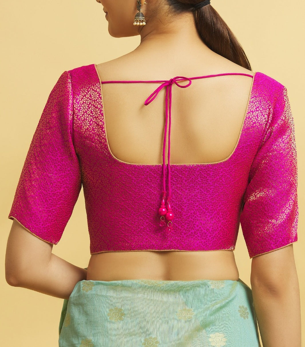 Rani Pink Color Brocade Elbow Sleeve Readymade Blouse Near Me