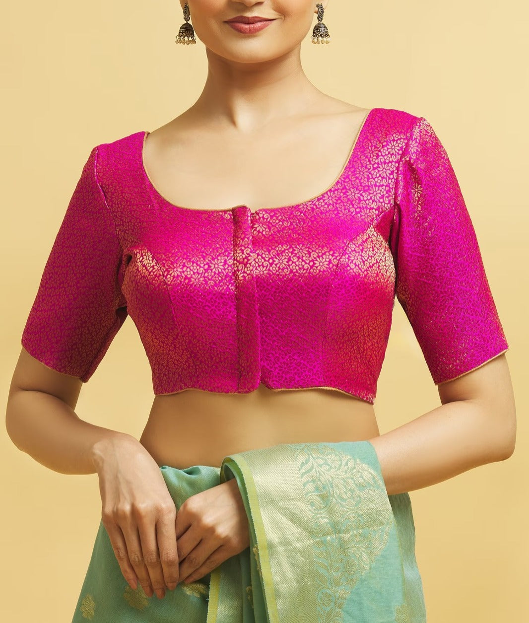Alluring Front Open Rani Pink Color Brocade Elbow Sleeve Readymade Blouse For Women