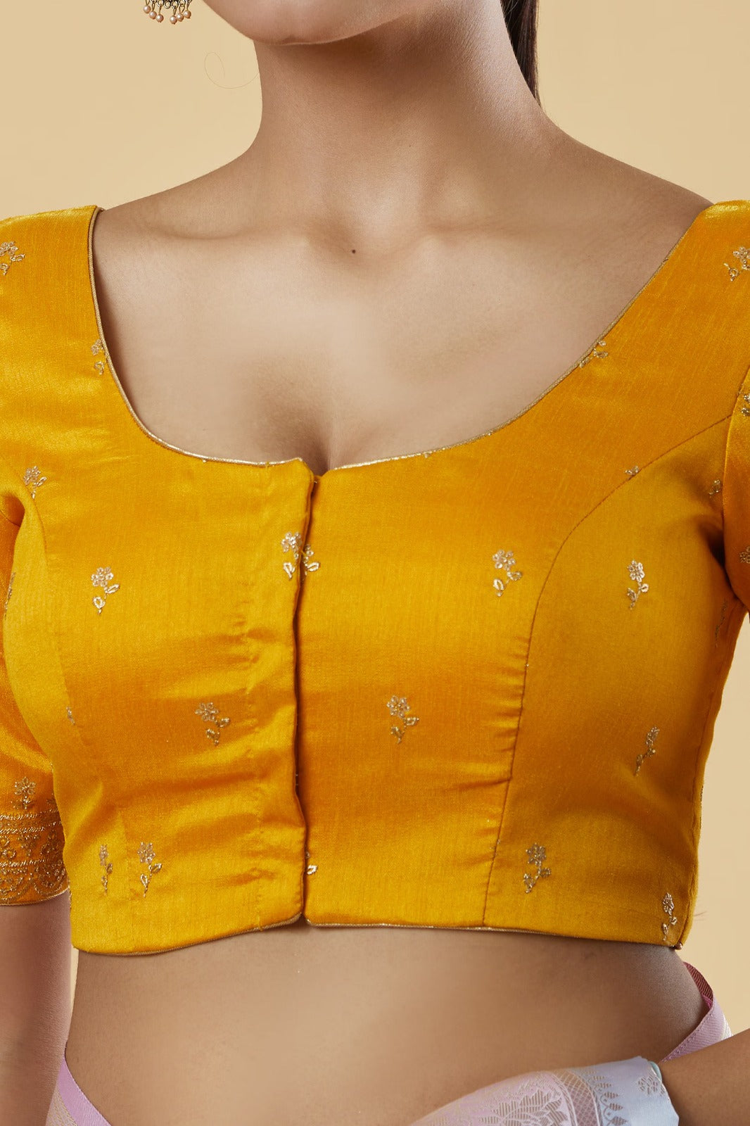 Front Open Yellow Color Elbow Sleeve Readymade Blouse Near Me
