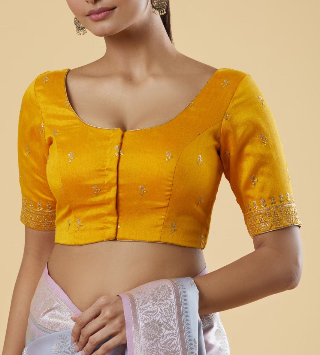 Attractive Front Open Yellow Color Elbow Sleeve Readymade Blouse For Women