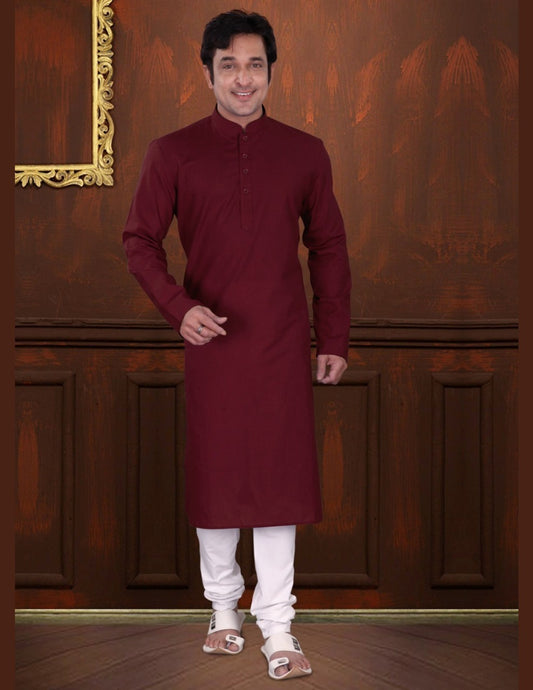 Divine Plain Maroon Color Premium Linen Cotton Kurta With Pajama Set For Men
