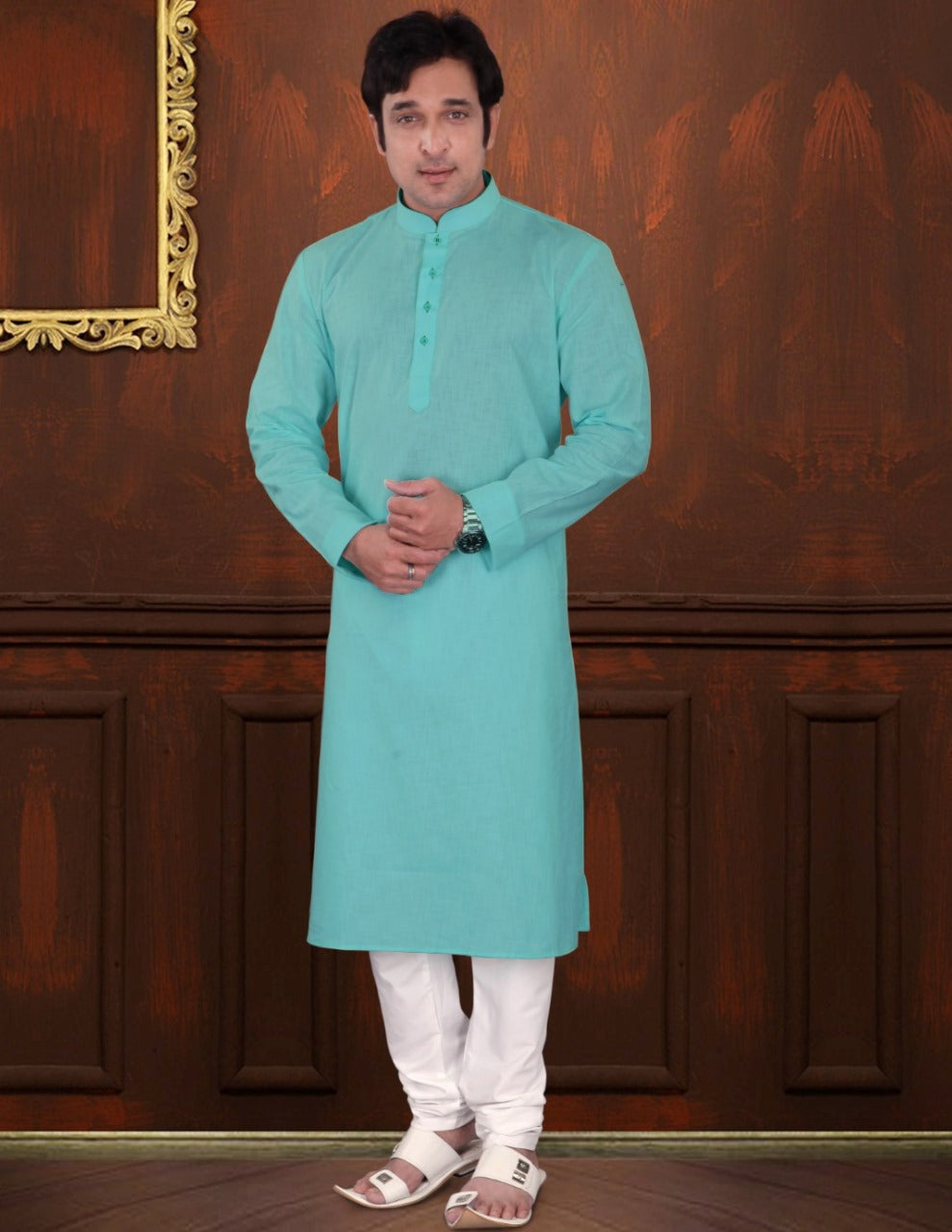 Stunning Sea Blue Color Linen Cotton Kurta Suits For Men