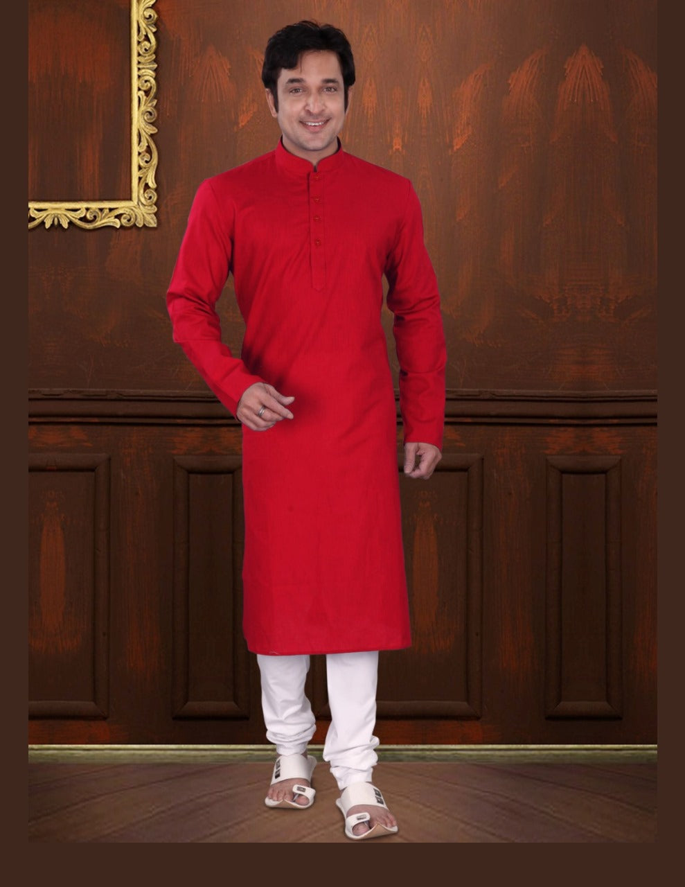 Attractive Red Color Linen Cotton Fancy Kurta With Pajama Set For Men