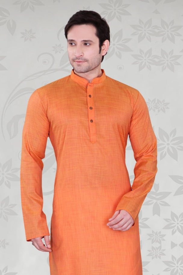 Stunning Orange Color Poly Cotton Plain Kurta Pajama Set Near Me