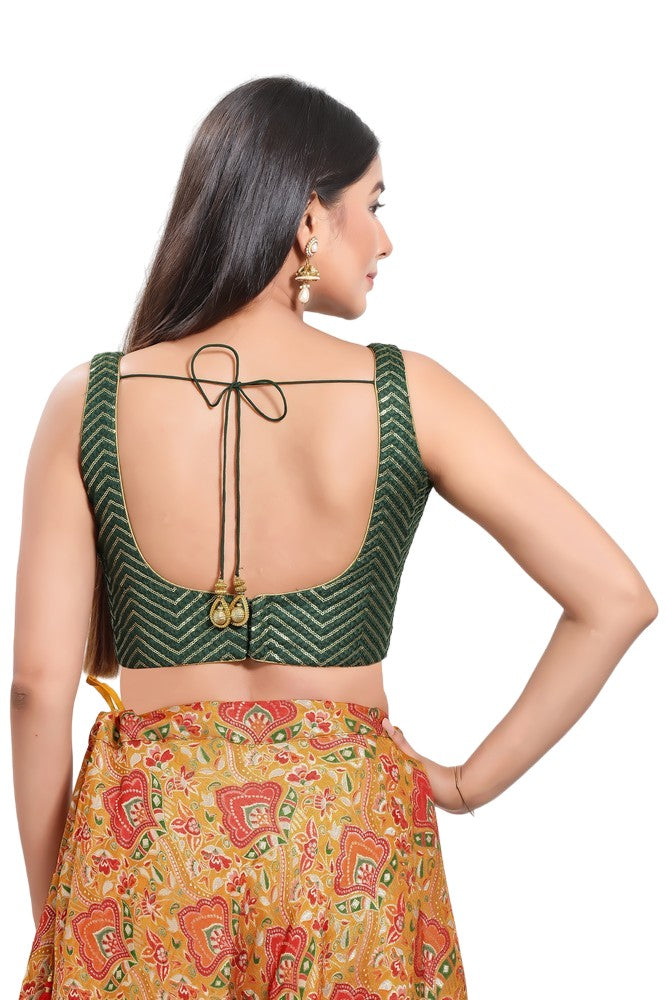 Dazzling Green Color Party Wear Silk Sleeveless Back Open Blouse Near Me