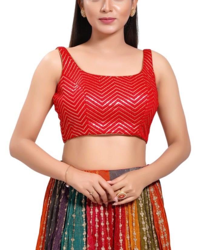 Stunning Red Color Sleeveless Sequins Work Ready To Wear Blouse