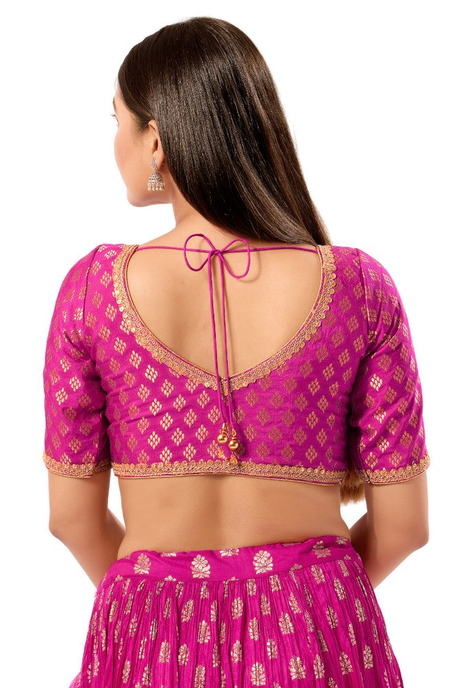Amazing Front Open Pink Color Brocade Elbow Sleeve Readymade Blouse Near Me