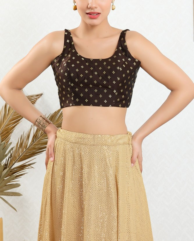 Alluring Dark Brown Color Butti Work Ready To Wear Soft Slub Blouse For Women