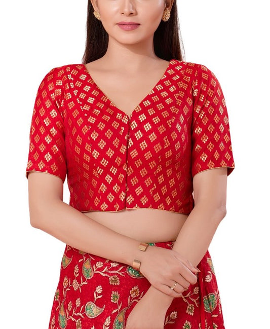 Charming Red Color V Neck Readymade Blouse For Women