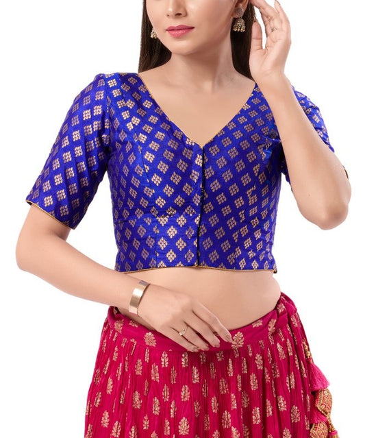 Beautiful Royal Blue Color V Neck Zari Work Readymade Blouse For Women
