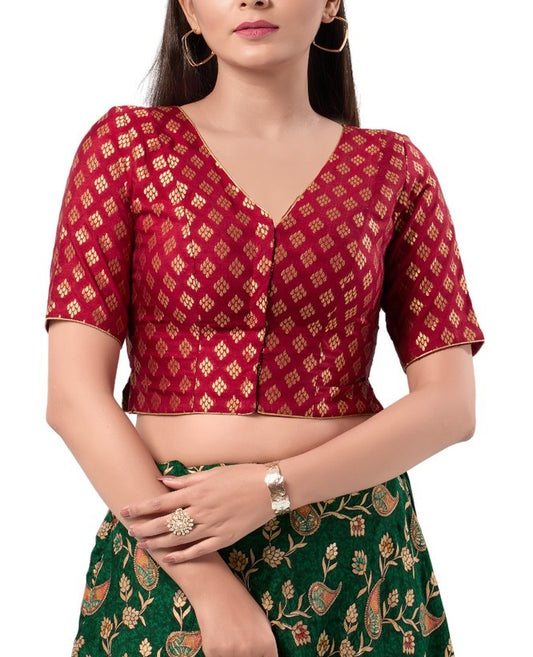 Wonderful Maroon Color Jacquard V Neck Readymade Blouse For Women