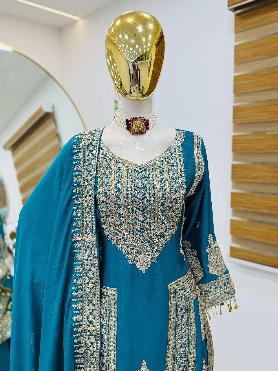 Charming Designer Sky Blue Color Sequins And Embroidery Work Palazzo Suits With Dupatta For Women Near Me