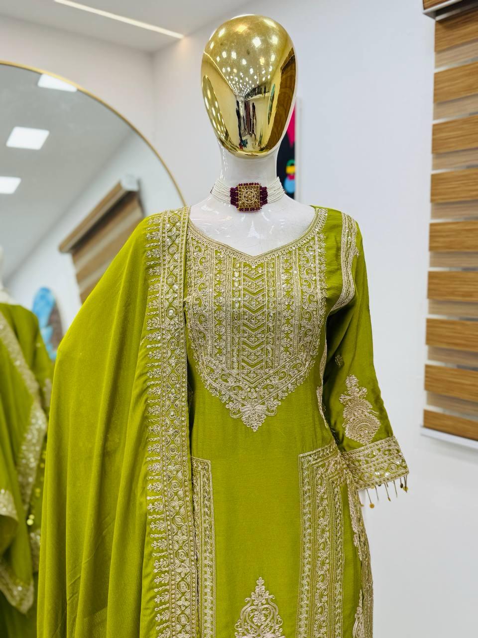 Alluring Designer Lime Green Color Sequins And Embroidery Work Palazzo Suits With Dupatta Near Me