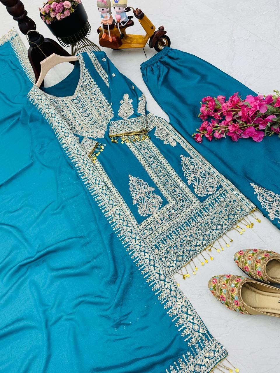 Charming Designer Sky Blue Color Sequins And Embroidery Work Palazzo Suits In USA