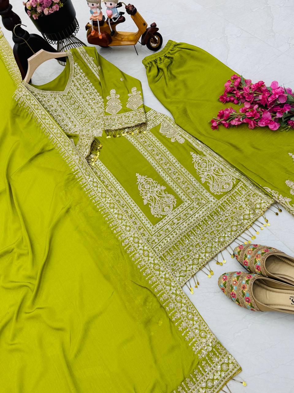 Alluring Designer Lime Green Color Sequins And Embroidery Work Palazzo Suits With Dupatta For Women In USA