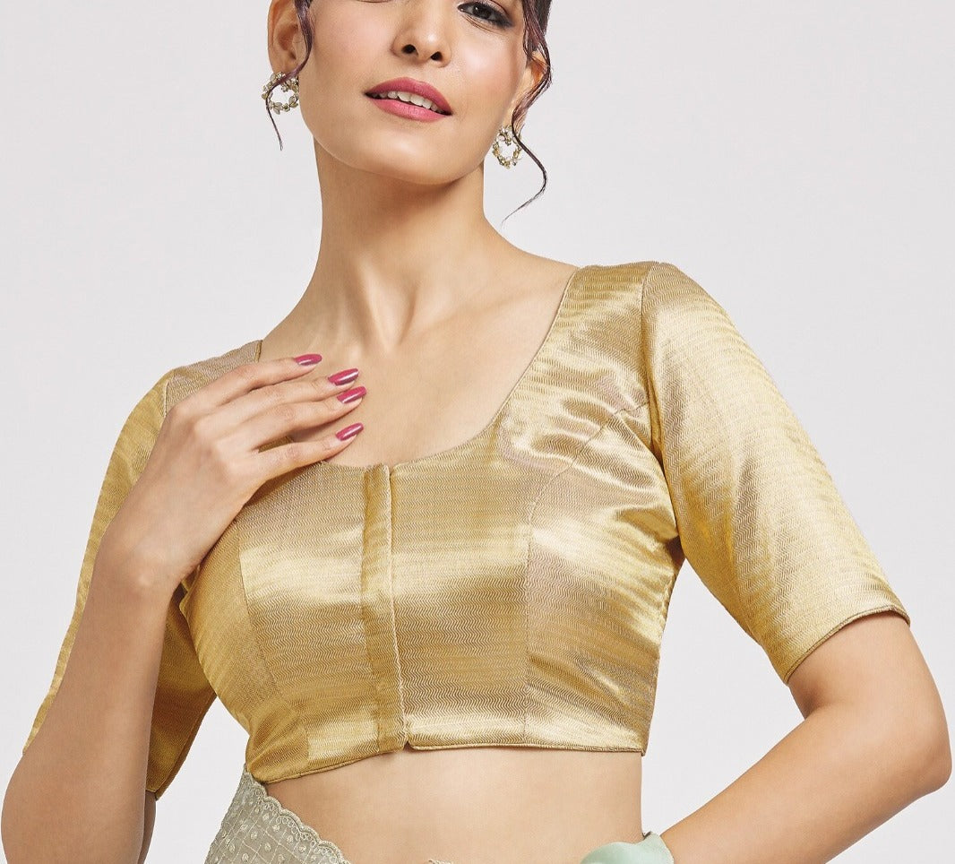 Alluring Dark Gold Colored Elbow Sleeves Round Neck Readymade Blouse For Women