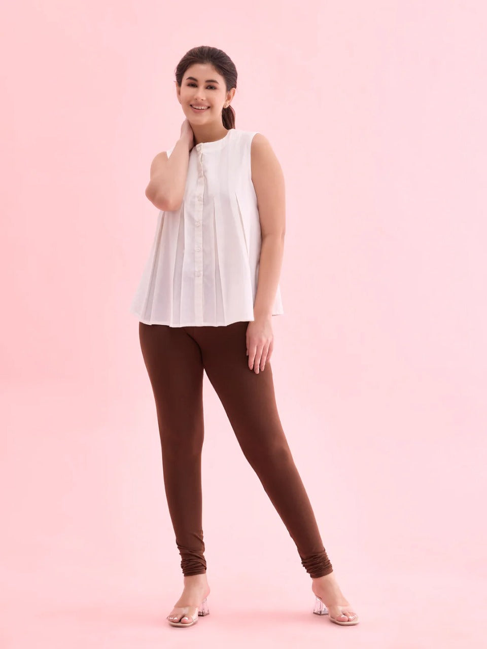 Attractive Brown Colored Stretchable Rayon Elastane Leggings For Women
