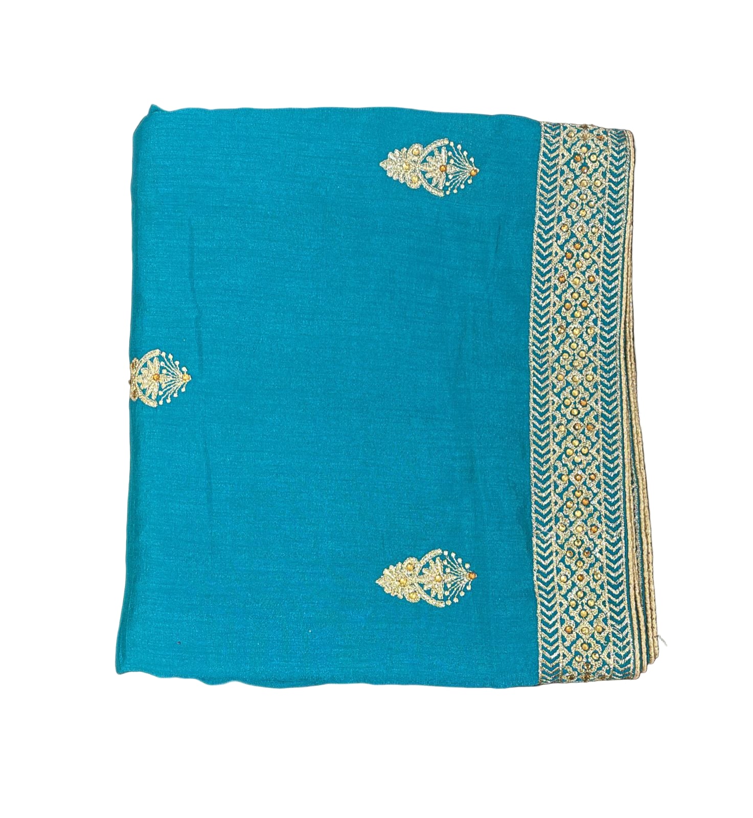 Fantastic Bright Teal Green Color Heavy Chinon Embroidered Work With Gold Stone Fancy Saree - PREMIUM QUALITY