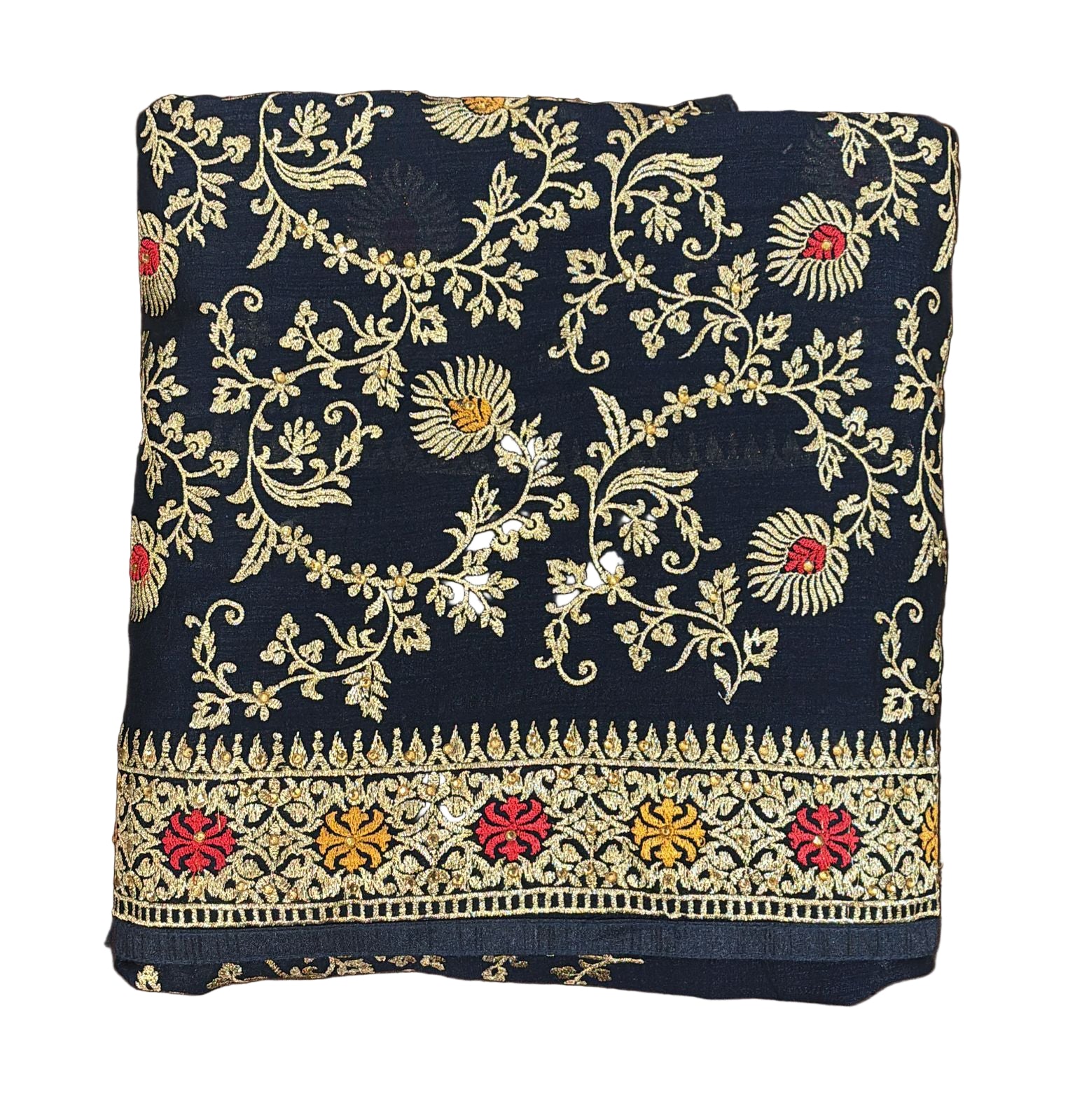 Graceful Dark Blue Color Heavy Chinon Embroidered Work With Gold Stone Fancy Saree - PREMIUM QUALITY Near Me