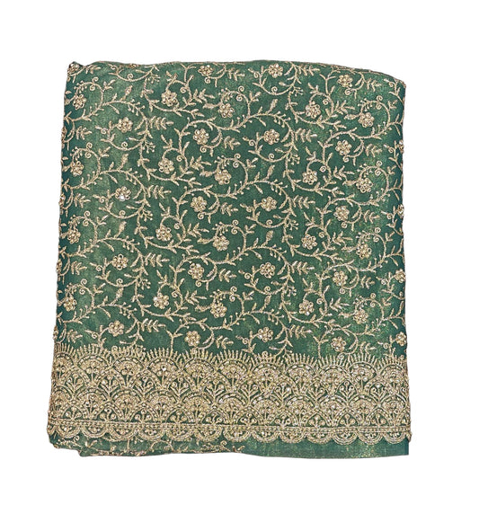 Attractive Green Color Soft Net Embroidered Work With Gold Stone Fancy Saree - PREMIUM QUALITY