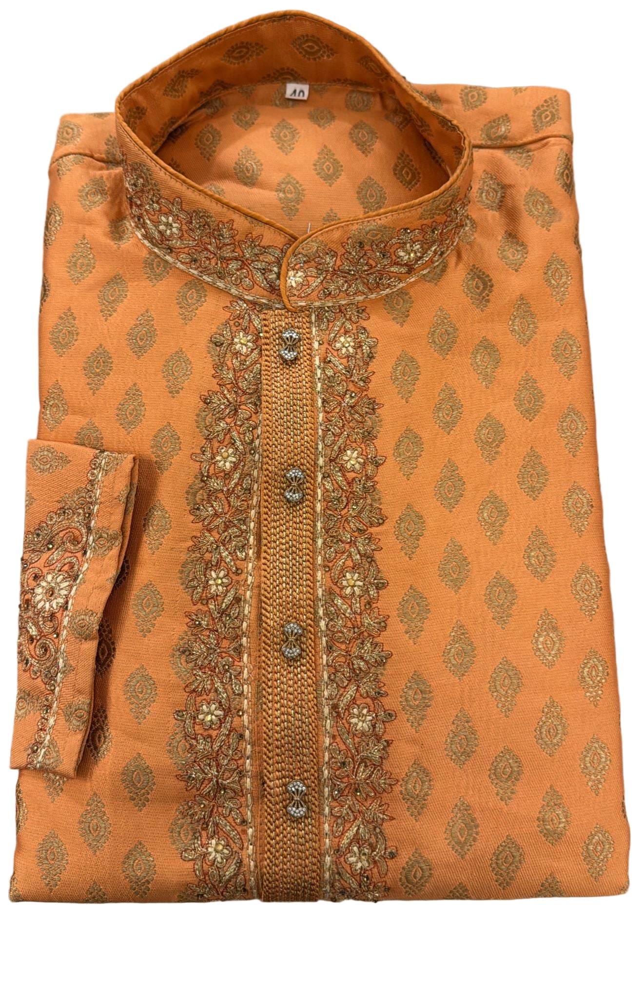 Wonderful Orange Color Raw Silk Designer Men's Kurta With Stone And Embroidery Work Near Me