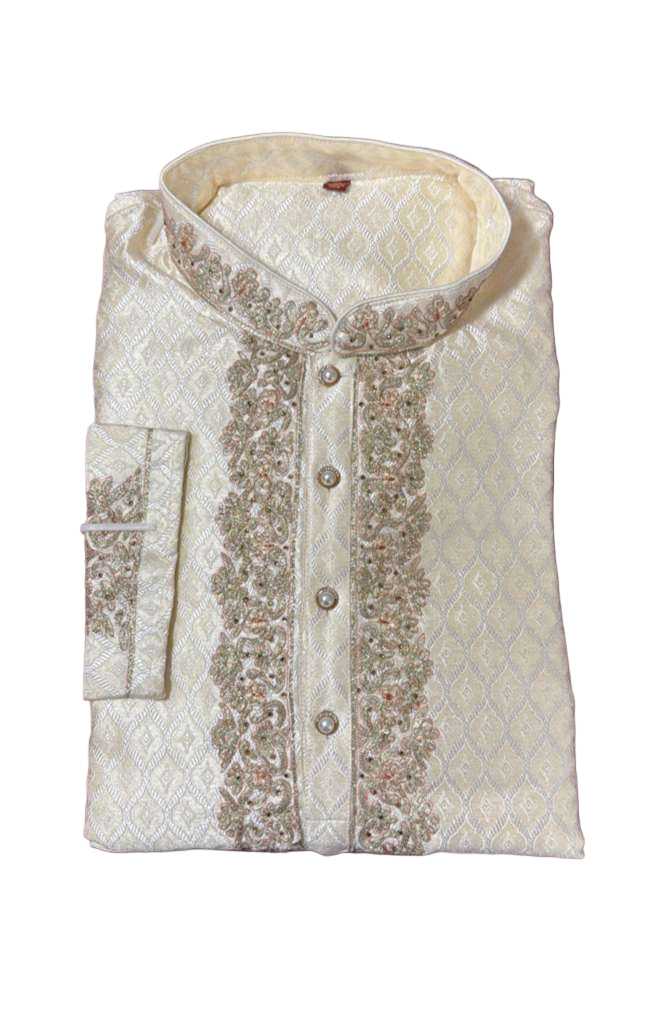Charming Cream Color Jacquard Designer Men's Kurta With Stone And Embroidery Work Near Me