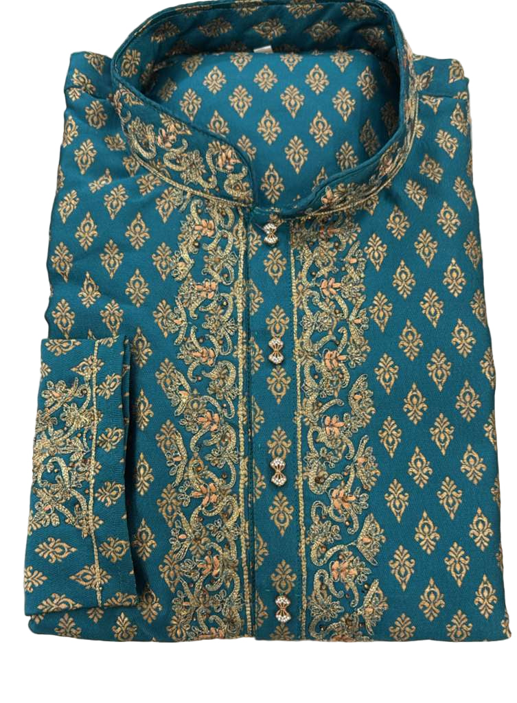 Attractive Teal Green Color Raw Silk Designer Men's Kurta With Pajama Pant Near Me