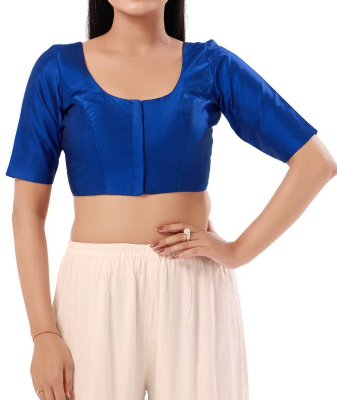 Beautiful Blue Color Silk Blend With Round Neck Readymade Blouse For Women
