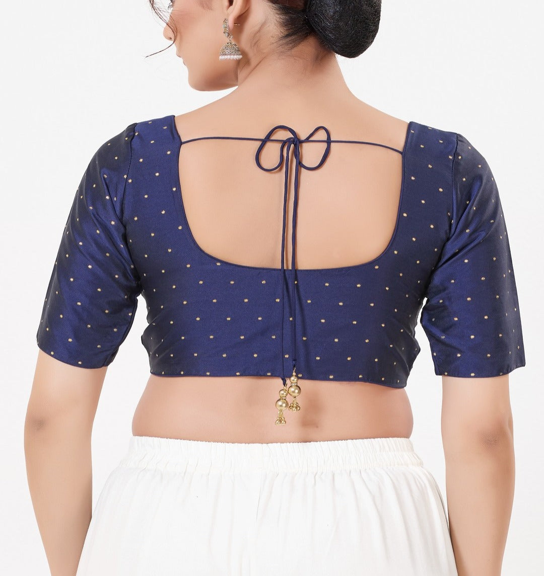 Navy Blue Color Taffeta Silk With Round Neck Readymade Blouse Near Me