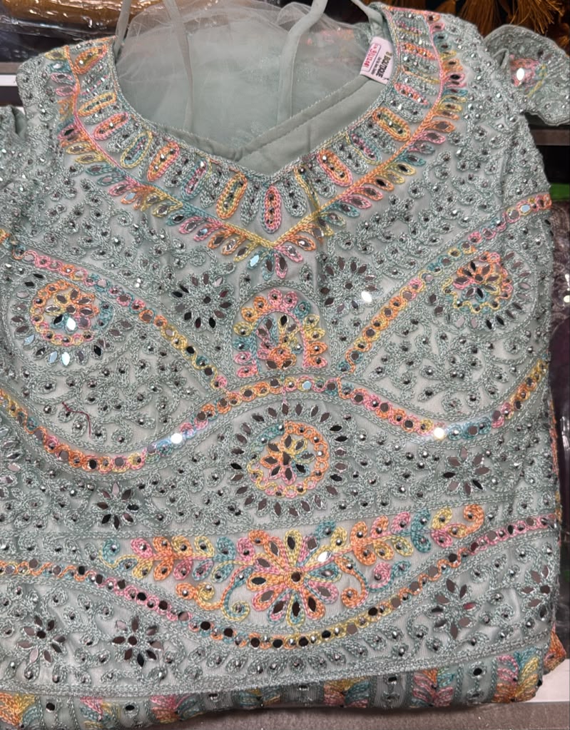 Attractive Light Blue Color Georgette Long Gown With Mirror And Embroidery Work