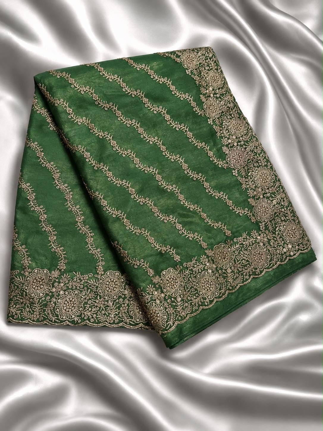 Stunning Shimmer Net Green Color Saree With Gold Embroidery Work For Women