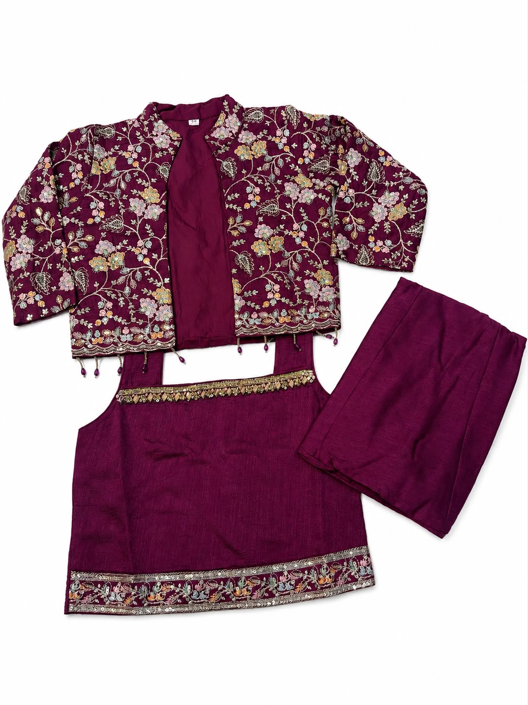 Stunning Magenta Color Floral Embroidered Coat With Palazzo Pant Set For Girls