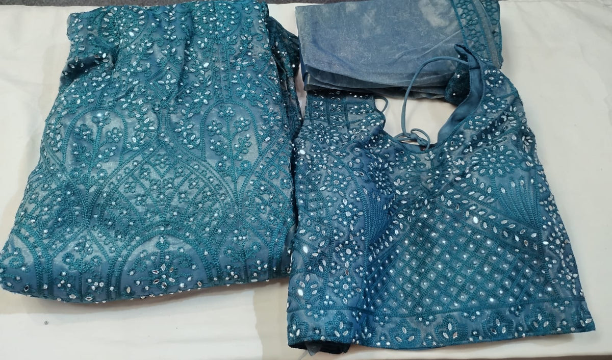 Amazing Teal Green Color Net With Embroidery And Mirror Work Lehenga For Women