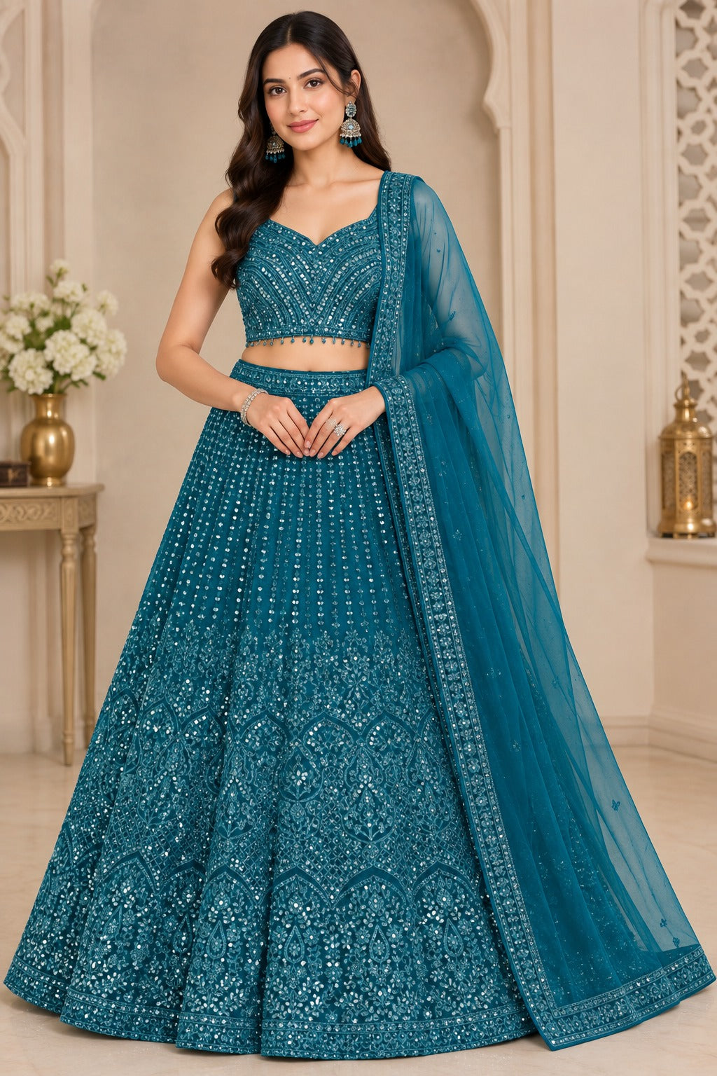 Elegant Teal Blue Net Lehenga Choli With Embroidery Work For Women