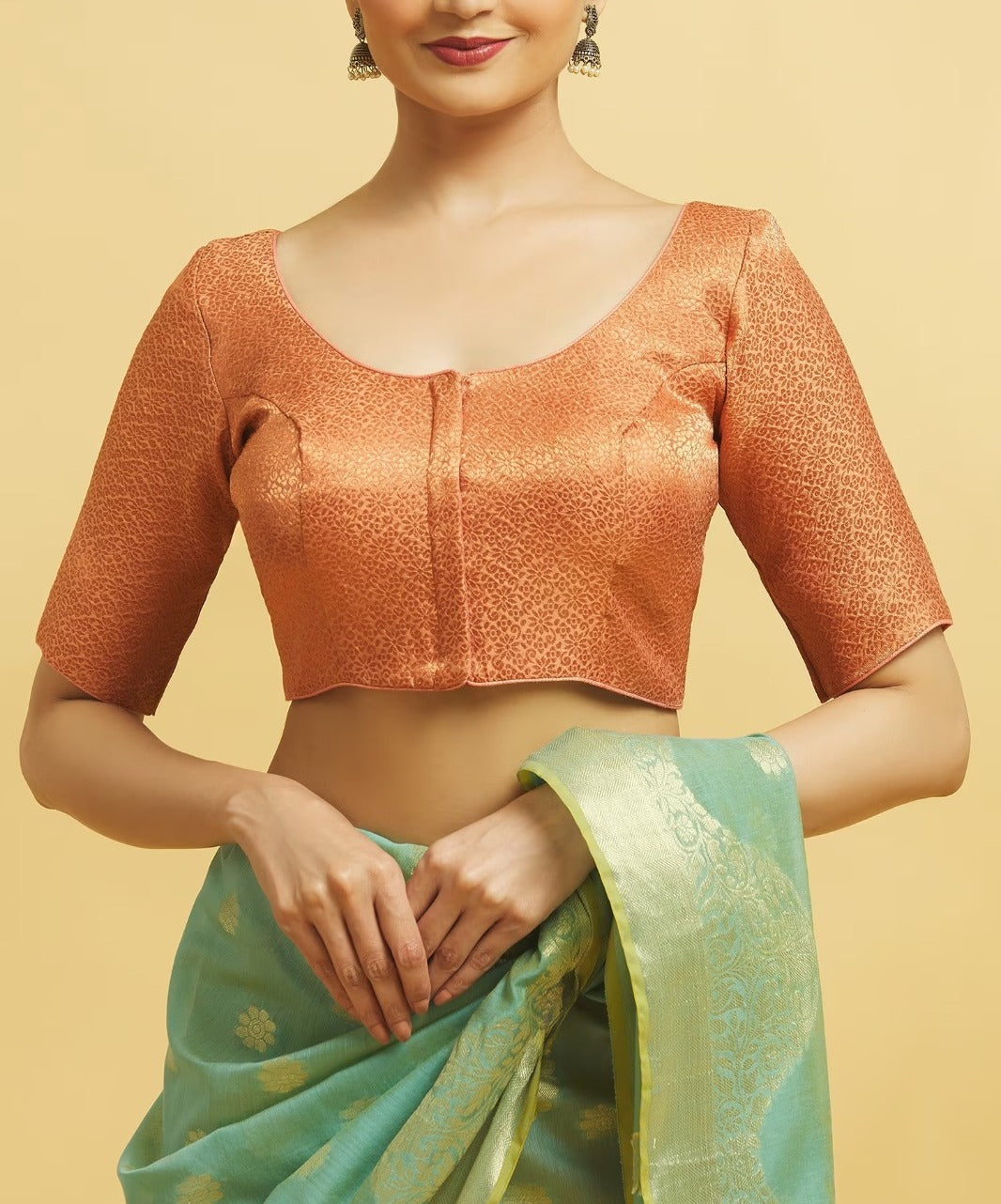 Attractive Front Open Orange Color Brocade Elbow Sleeve Readymade Blouse For Women