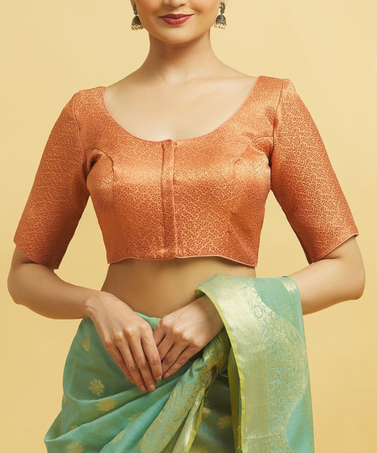 Attractive Front Open Orange Color Brocade Elbow Sleeve Readymade Blouse For Women