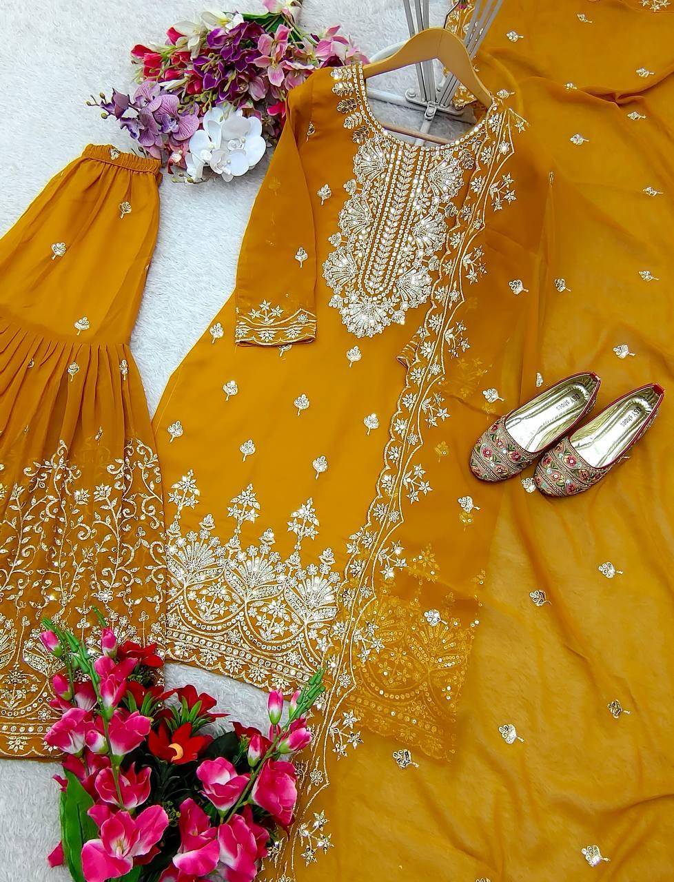 Pretty Mustard Yellow Color Faux Georgette With Heavy Embroidery Work Sharara Suit For Women