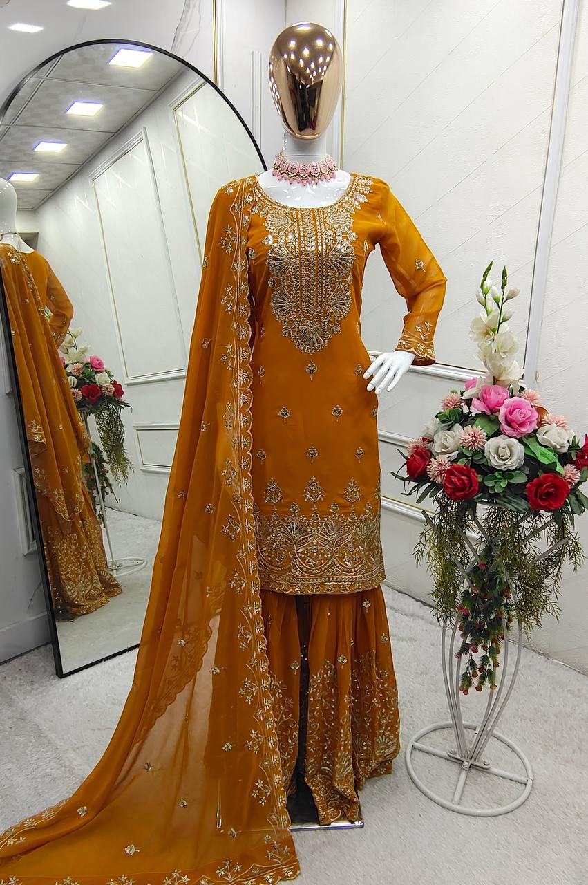 Mustard Yellow Color Faux Georgette With Sleeves Heavy Embroidery Work Sequins Sharara Suit For Women