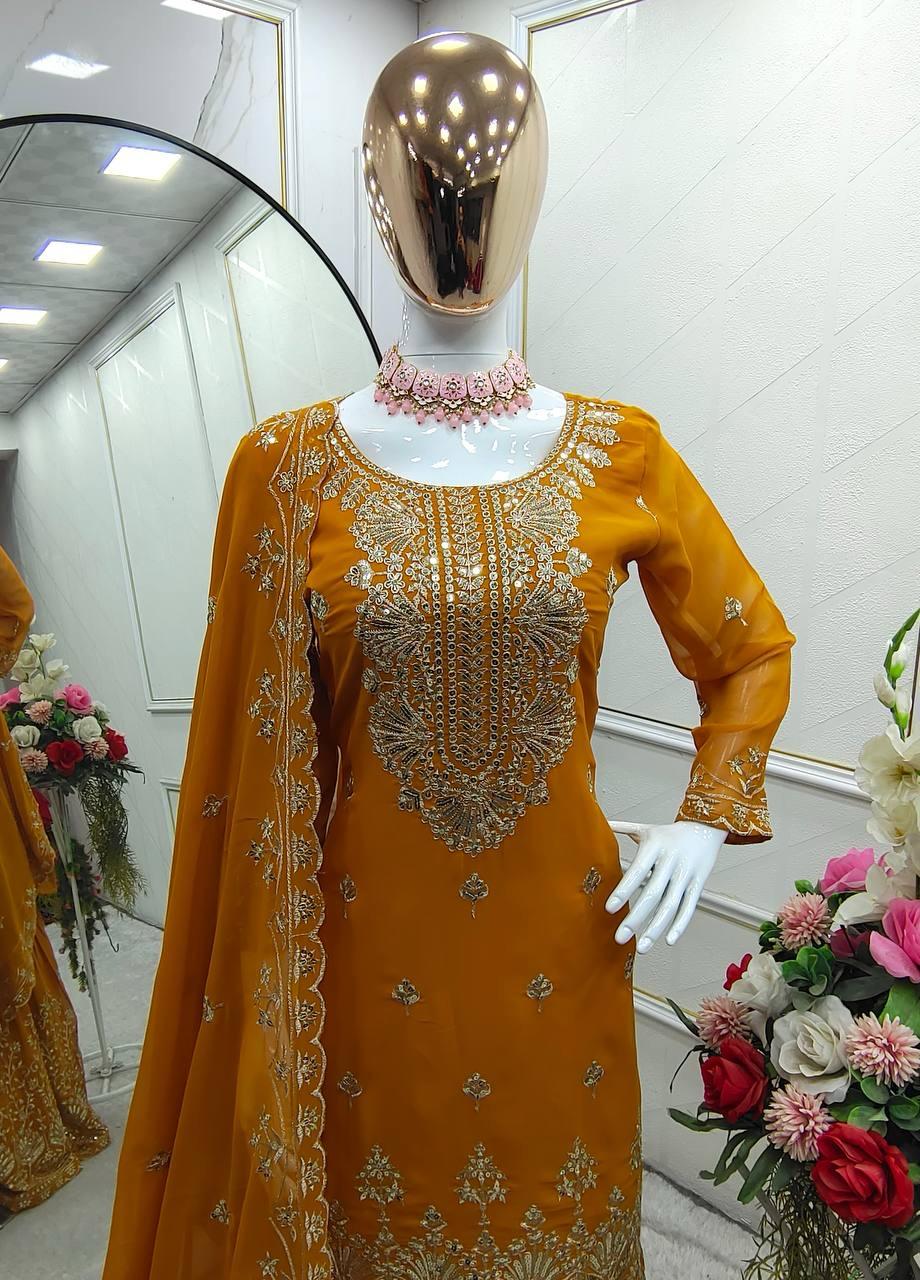 Pretty Mustard Yellow Color Faux Georgette With Heavy Embroidery Work Sharara Suit For Women