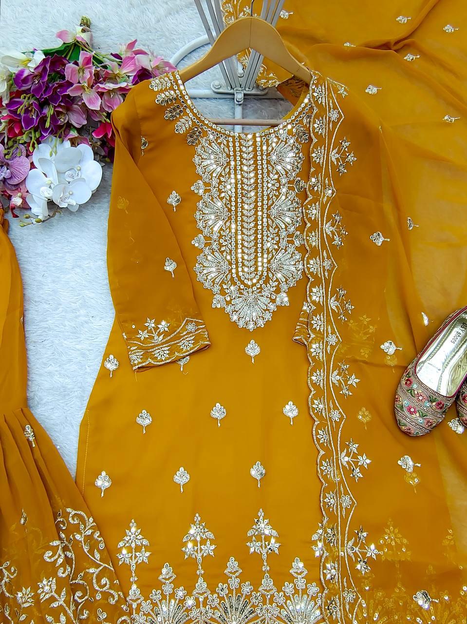 Pretty Mustard Yellow Color Faux Georgette With Heavy Embroidery Work Sharara Suit For Women