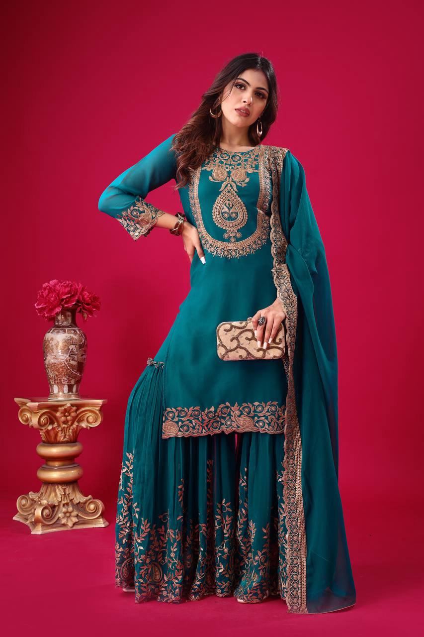 Beautiful Georgette Sharara Suit With Heavy  For Women In USA