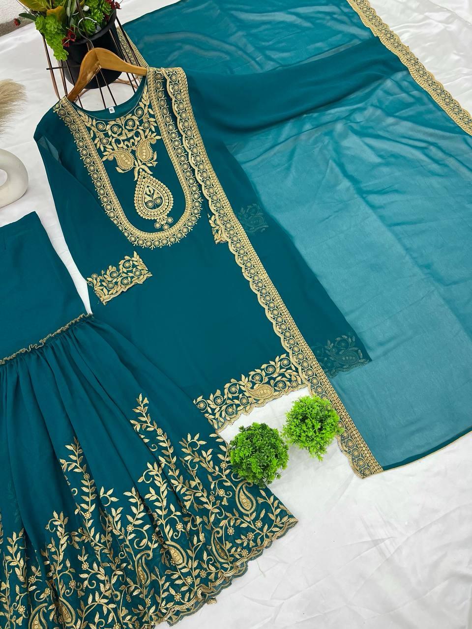 Beautiful Teal Blue Color Faux Georgette Sharara Suit With Heavy Embroidery Sequins Thread Work For Women