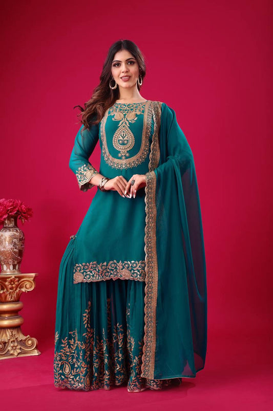 Beautiful Teal Blue Color Faux Georgette Sharara Suit With Heavy Embroidery Sequins Thread Work For Women