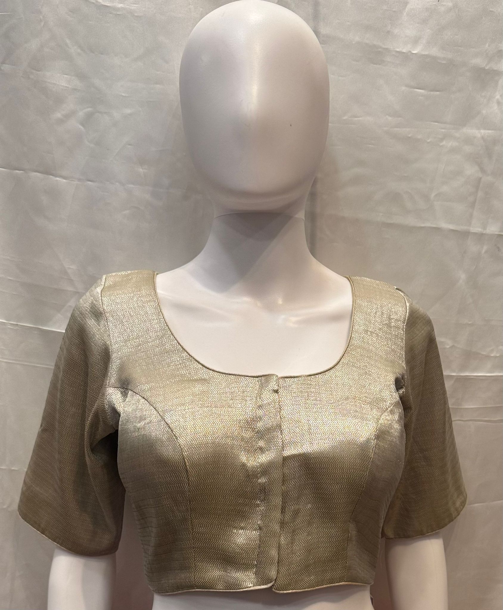Cream Colored Elbow Sleeves Round Neck Readymade Blouse In USA