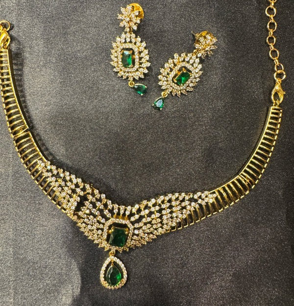 Green Color Emerald Stones Gold Plated Necklace With Earrings Set In Mesa