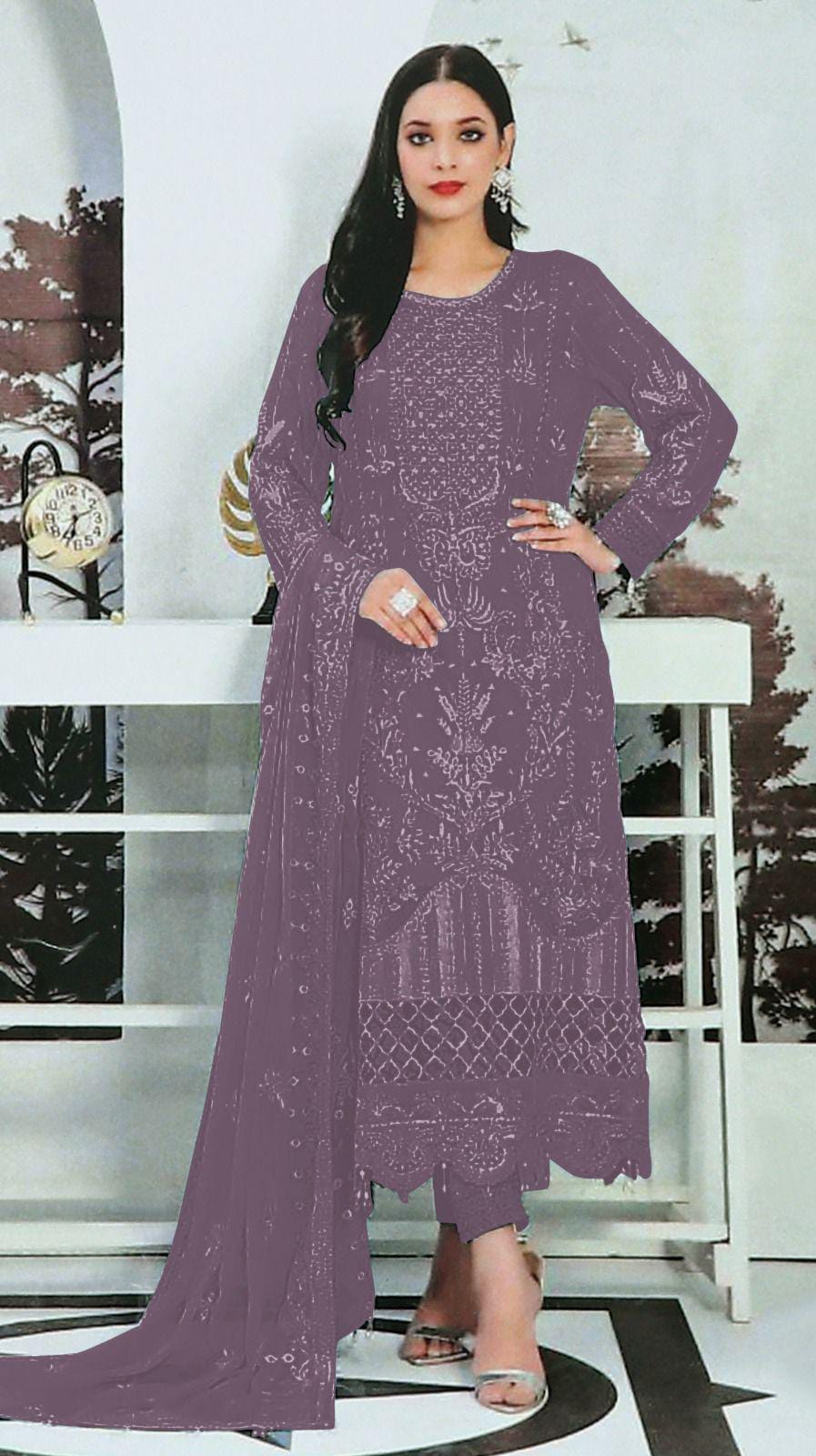 Alluring Light Purple Color Georgette Salwar Suits With Embroidery Dupatta For Women